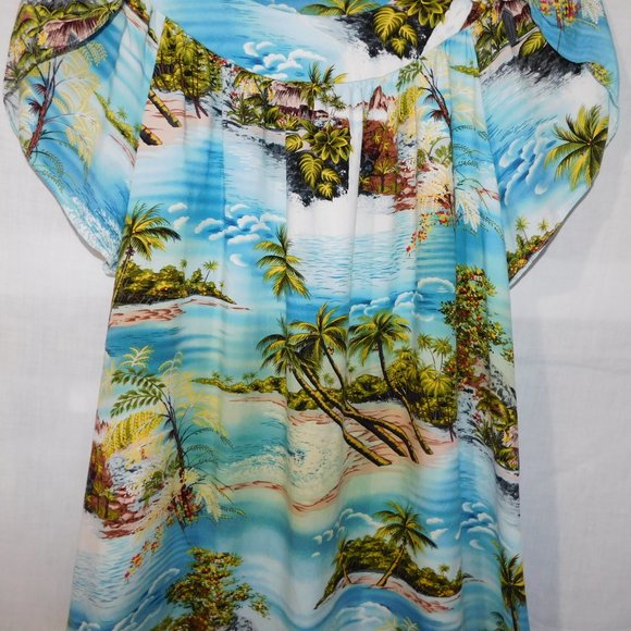 Puanani RJC Hawaii Womens L Rayon Hawaiian Dress MuuMuu Island Ocean Print Blue - Picture 4 of 11